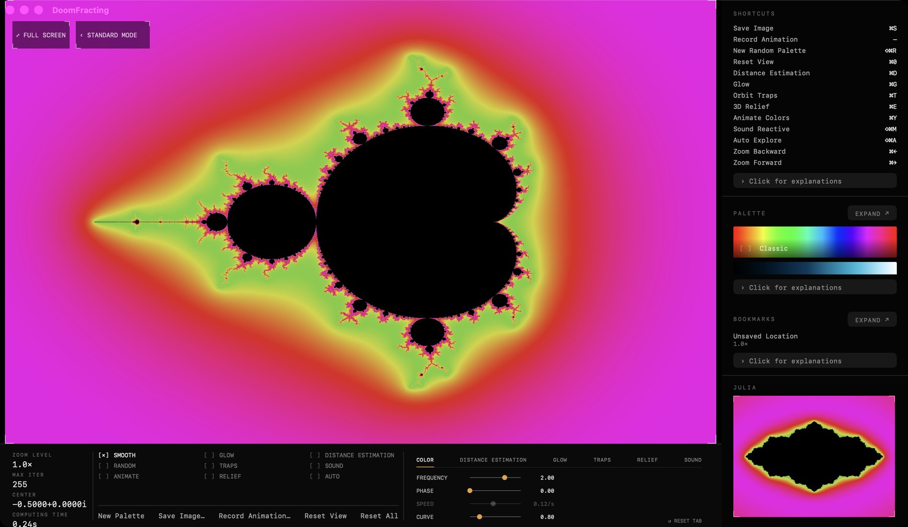 DoomFracting for Mac in ADVANCED MODE with the COLOR tab of the tuning panel open