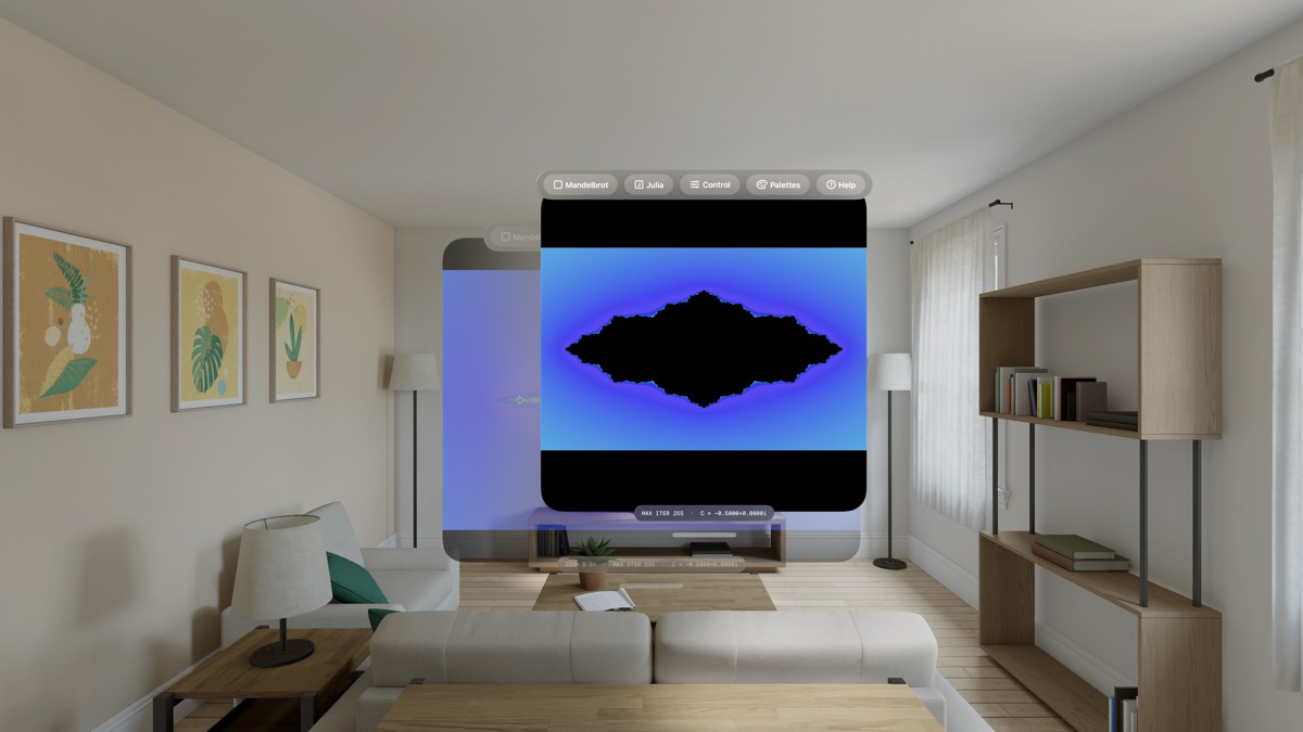 DoomFracting on Apple Vision Pro with both the Mandelbrot and Julia windows open at once