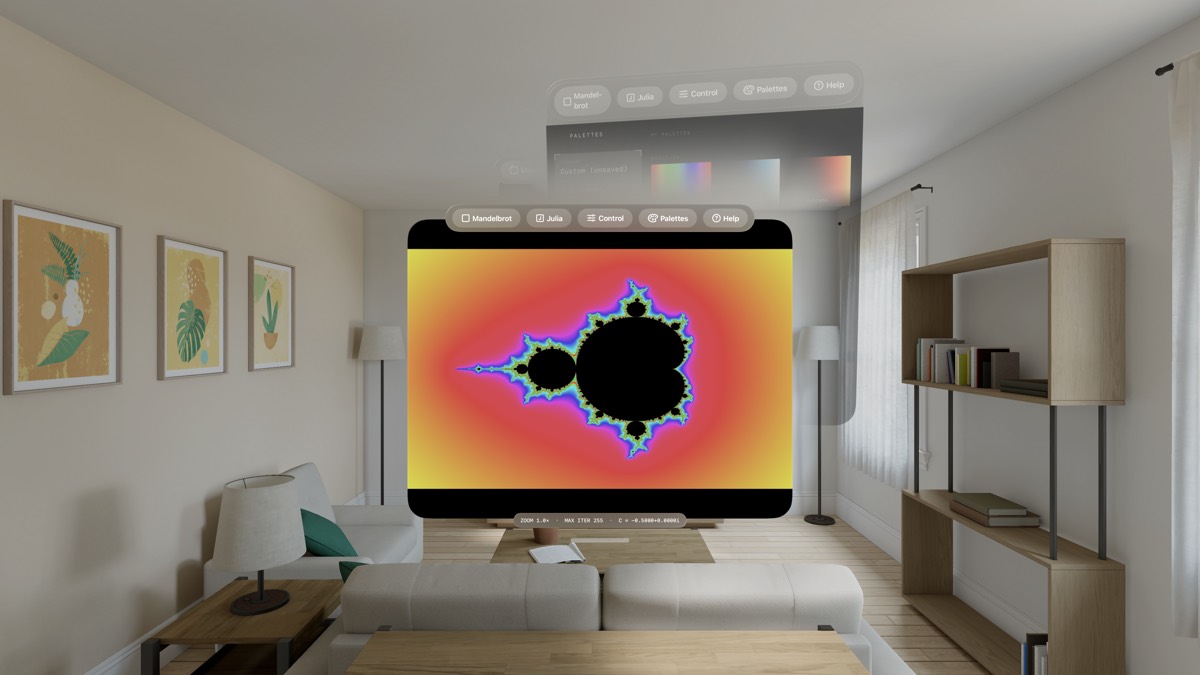 DoomFracting on Apple Vision Pro with the Mandelbrot, Julia, and Palettes windows all open together