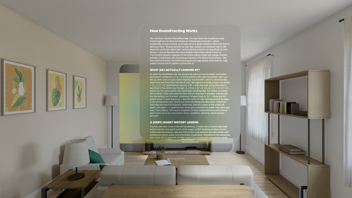 The built-in Help guide floating in a room on Apple Vision Pro